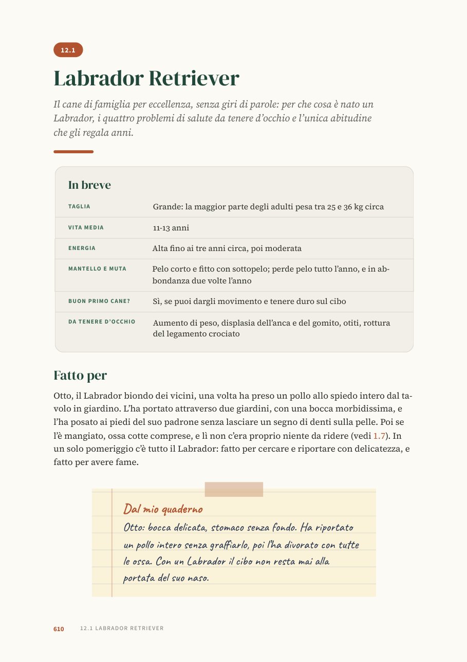 Una pagina del libro: la scheda di razza del Labrador Retriever